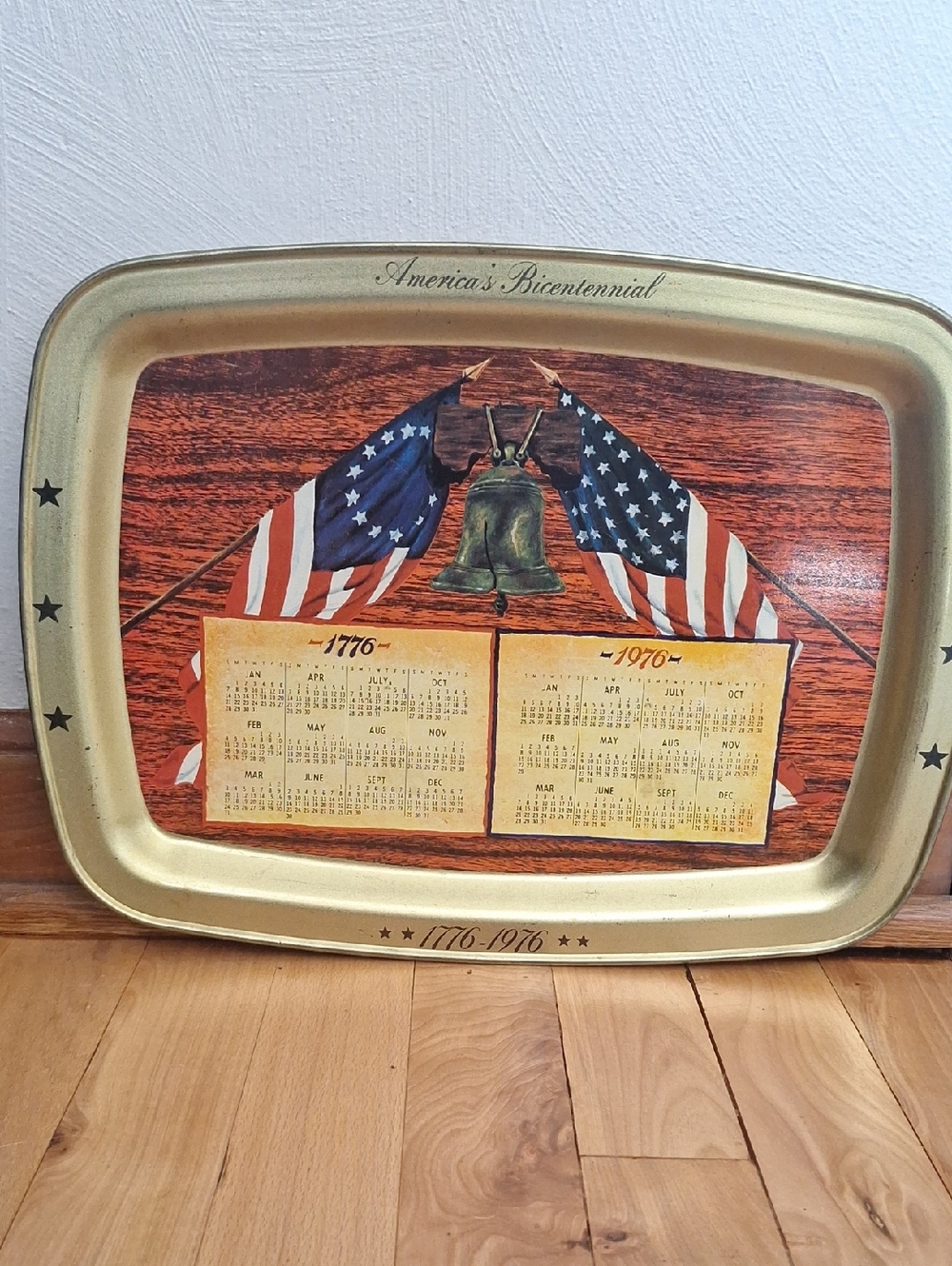 America's Bicentennial Decorative Tray - Gold with Flags